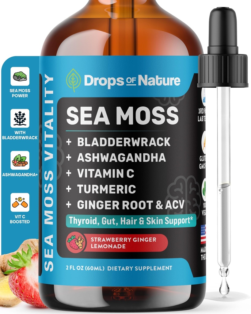 Ashwagandha & Turmeric Liquid Drops - Vitamin C, Sea Moss, Apple Cider Vinegar, Bladderwrack - Vegan Liquid Drops for Comprehensive Wellness Support & Vital Immunity (Lemmonade Ginger, 60mL)