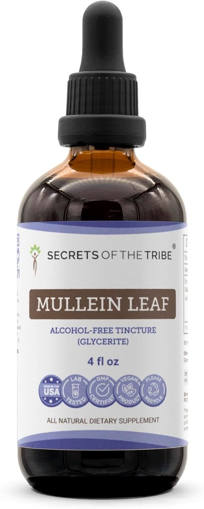 Secrets of the Tribe Mullein Leaf Alcohol-Free Liquid Extract, Mullein (Verbascum thapsus) Timcture Supplement (4 FL OZ)
