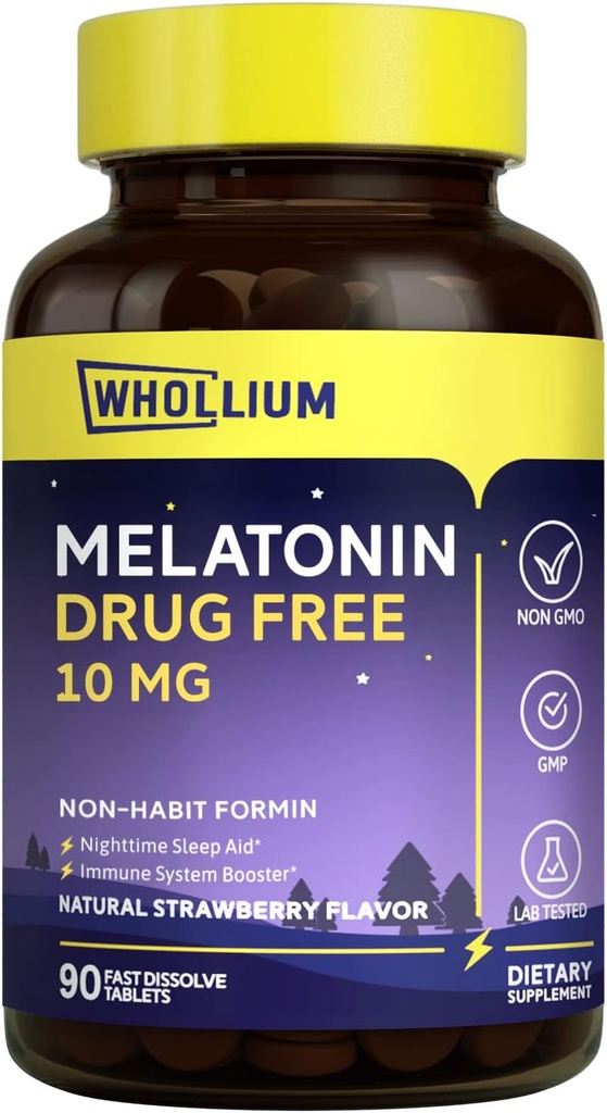 Melatonin 10 mg, Natural Strawberry Flavor, Easy-Melted, Nighttime Rest, Mind Calm, 90 Tabs