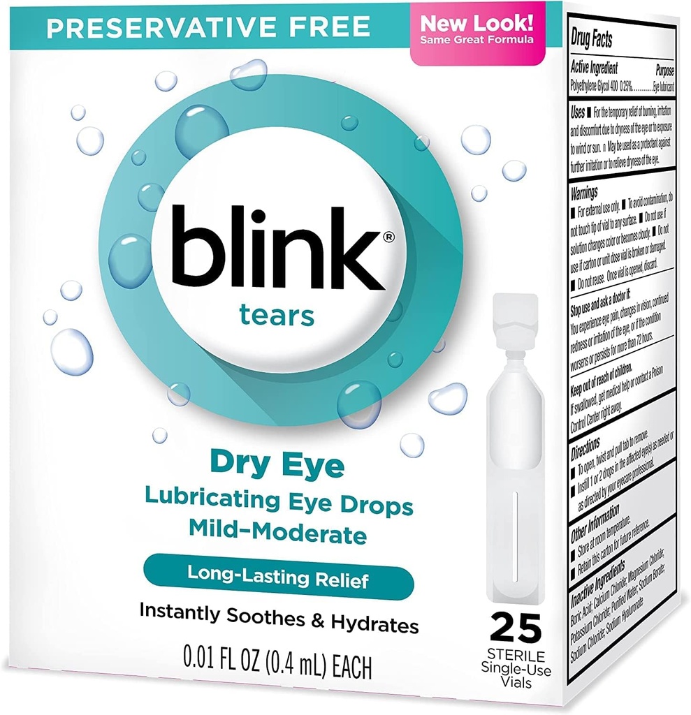 Blink Δάκρυα Λιπαντικά Οφθαλμικές σταγόνες Ήπιο-Moderate Ξηρό Μάτι .01 Fl Oz 25 Count