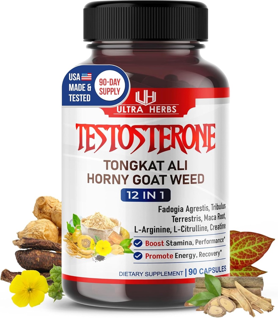 Ultra Test Capsule 12 in 1 Complex with L-αργινίνη, Fadogia Agrestis, Tribulus Terrestris, Maca Root, Beetroot, L-Citrulline, Creatine - USA Made (Εφοδιασμός 90 ημερών)