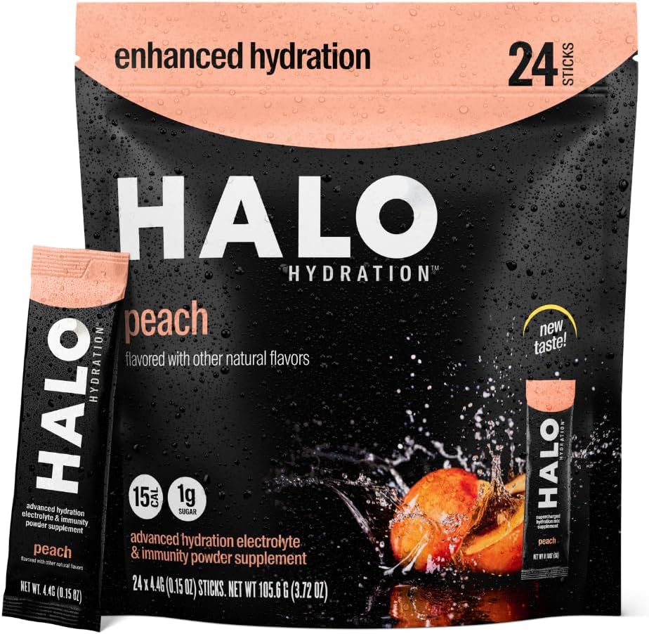 Halo Hydration Electrolyte Powder Packets – Ροδάκινο - 24 Σερβιέτες (5g Κάθε) - Βιολογικό Ενυδάτωση Ποτό με Χαμηλή Ζάχαρη + Ουσιώδεις Βιταμίνες + Ορυκτά - Vegan