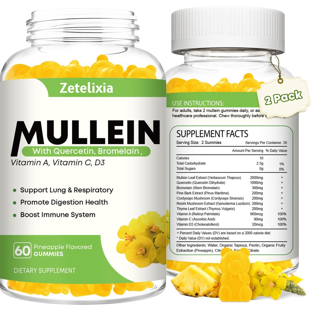Mullein Gummies for Clear Lungs, 10 in 1 Mullein Leaf Extract for Lungs, Mullein Quercetin Gummies for Lung Cleanse, αναπνευστικό, ανοσοποιητικό, ανανάς Γεύση, 120 Count