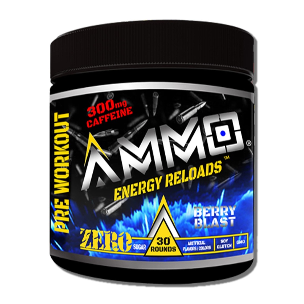 AMMO ® Energy ReloadsTM Pre Workout Powder - 300mg Caffeine Zero Sugar Vital Aminos and Electrolytes No Artificial Flavors or Colors (Berry Blast)