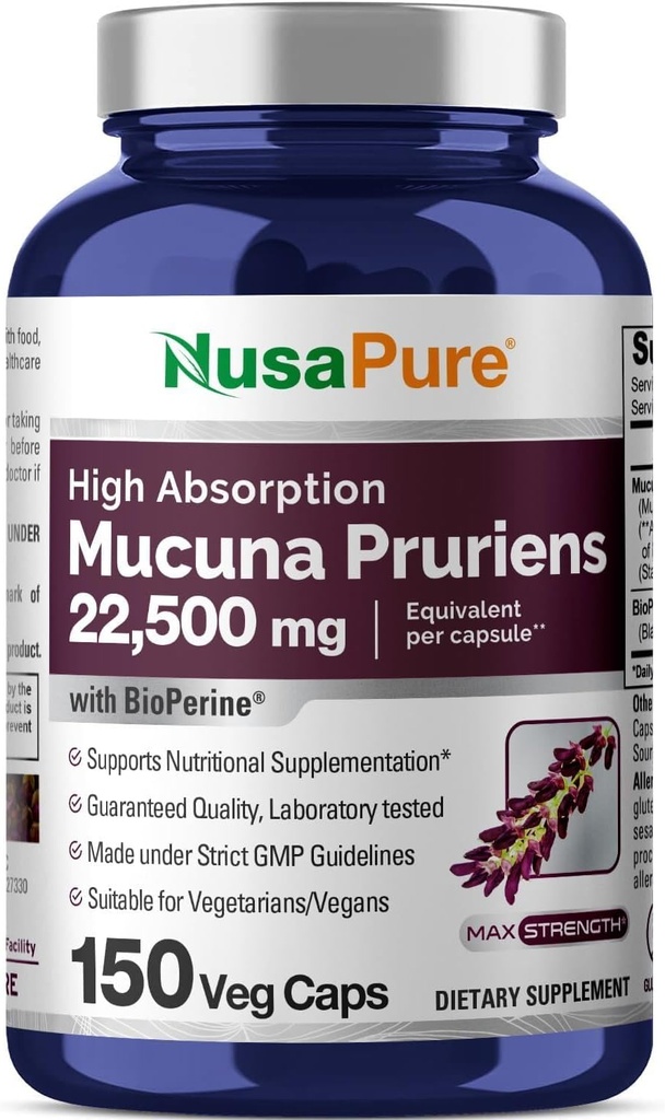 NusaPure Mucuna Pruriens 50:1 Extract, 450 mg Ισοδύναμα με 22.500mg 150 Veggie Caps (Non-GMO, Vegan, Gluten Free, Bio-Perine)