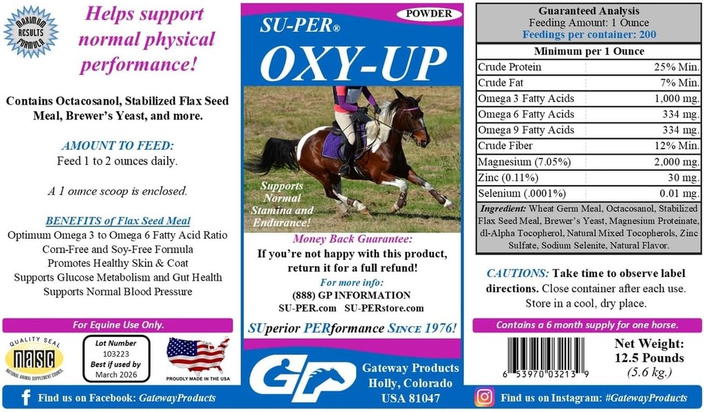 SU-PER Oxy-Up Performance Horse Supplement - Υποστηρίζει την κανονική Stamina και την αντοχή - Εκχύλισμα σιταριού, B-Complex Βιταμίνες, Μαγνήσιο - 12,5 Λίρες, 6 Μήνες Προσφορά