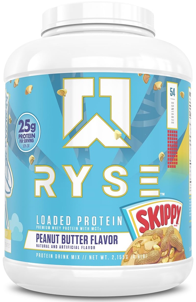 RYSE Loaded Protein Powder - Skippy Φυστικοβούτυρο - 25g Whey Protein Isolate & Concent with Prebiotic Fiber & MCTs - Χαμηλό υδατάνθρακες, χαμηλή ζάχαρη, Digestive-Friendly - 54 Σερβιέτες / 4 lb Tub