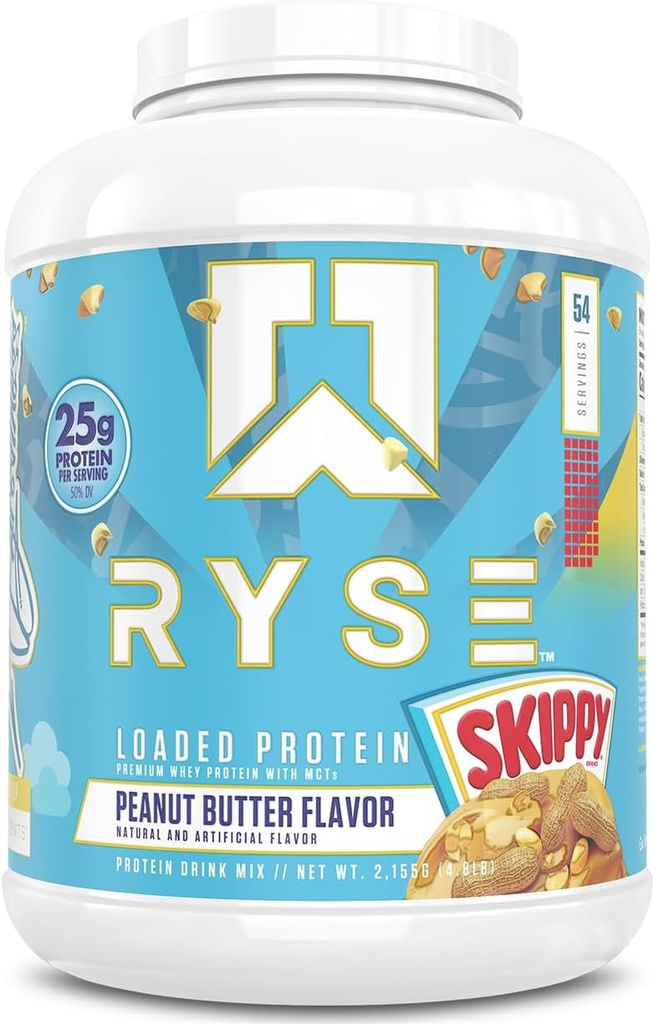 RYSE Loaded Protein Powder - Skippy Φυστικοβούτυρο - 25g Whey Protein Isolate & Concent with Prebiotic Fiber & MCTs - Χαμηλό υδατάνθρακες, χαμηλή ζάχαρη, Digestive-Friendly - 54 Σερβιέτες / 4 lb Tub