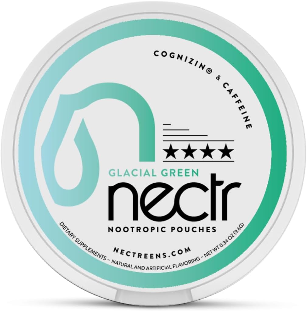 Nectr Energy Nootropic Pouches – Glacial Green Wintergreen Caffeine Pouches με Cognizin® Citicoline. Φάρμακα εγκεφάλου χωρίς ζάχαρη. Ομαλή, σταθερή εστίαση & συμπλήρωμα ενέργειας - 1 Puck των 16pcs