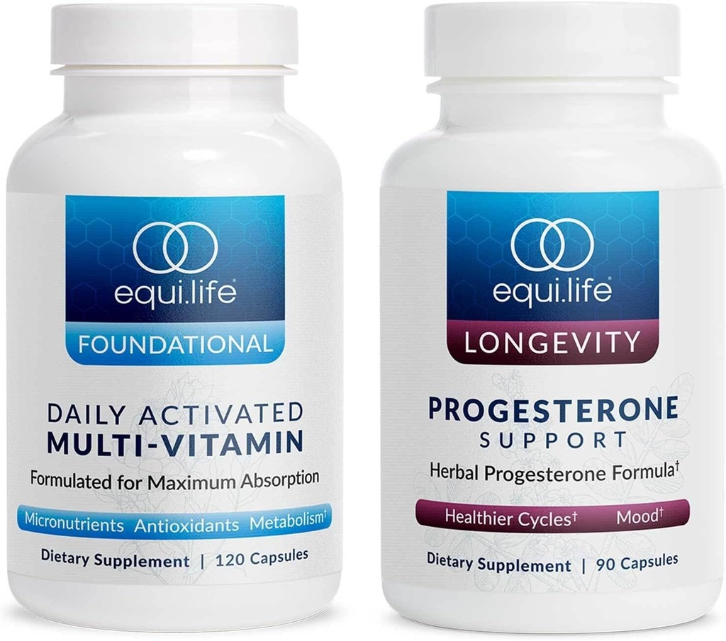 Equilife - Καθημερινή ενεργοποιημένη πολυβιταμίνη (30 μερίδες) και υποστήριξη προγεστερόνης (90 κατ.) Bundle, 21 βασικές βιταμίνες και συμπλήρωμα βοτανικής ορμόνης