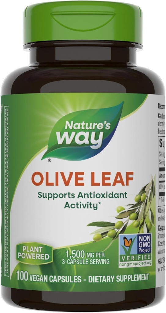 Nature's Way Olive Leaf - 1.500 mg ανά 3-Capsule Σερβίρισμα - Υποστηρίζει Αντιοξειδωτική Δραστηριότητα* - Olive Leaf Φυτικές Κάψουλες - Μη ΓΤΟ Έργο Επαληθευμένο - Χωρίς Γλουτένη - 100 Vegan Κάψουλες