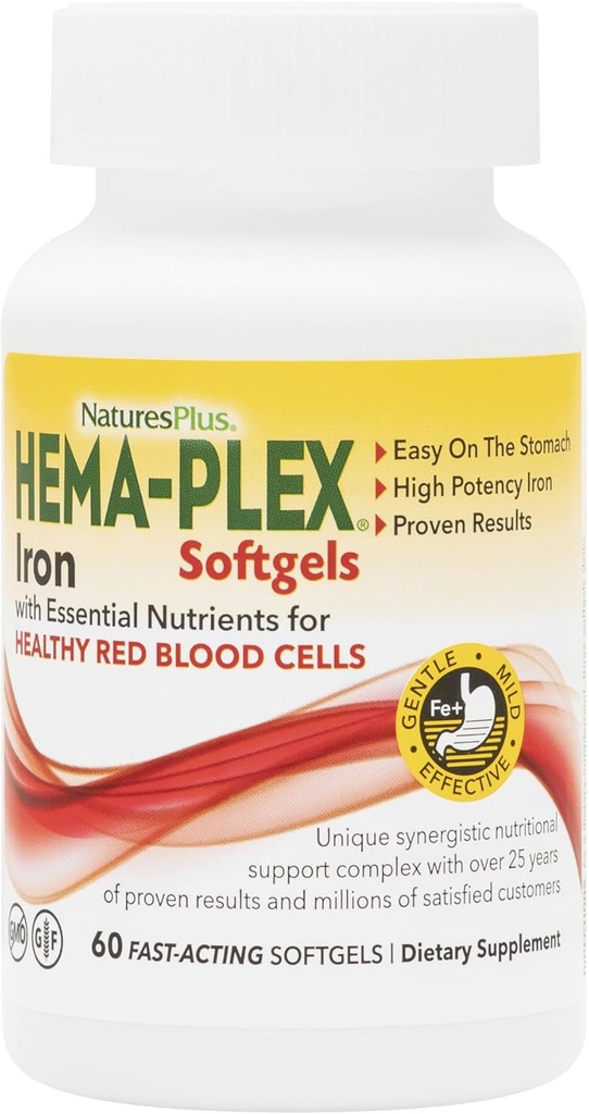 NaturesPlus Hema-Plex Iron - 60 Softgels ταχείας δράσης - 85 mg σιδήρου + βιταμίνη C & Bioflavonoids για υγιή ερυθρά αιμοσφαίρια - Vegan, χωρίς γλουτένη - 20 Σερβιέτες