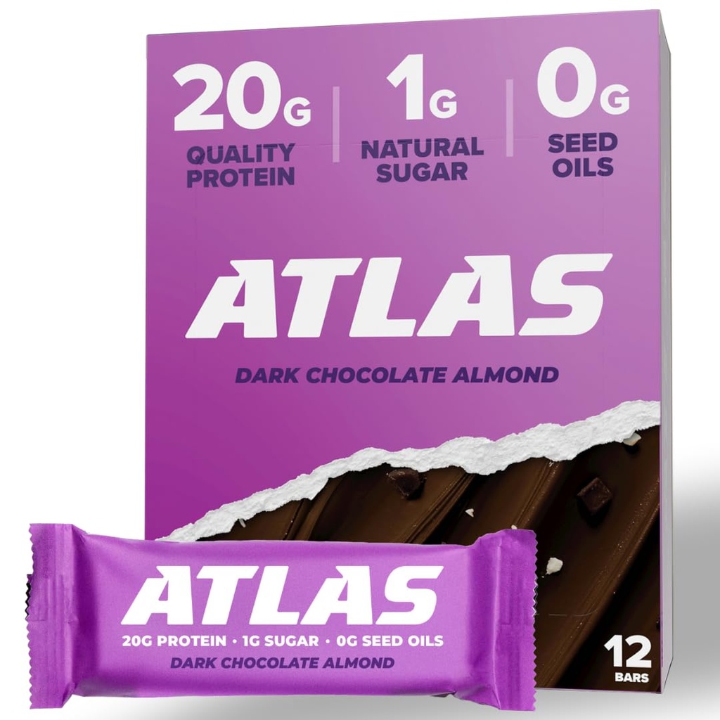 Atlas Bar – 20g Πρωτεΐνη, 1g Ζάχαρη, 0g Έλαια Σπόρου, 0g Τεχνητά γλυκαντικά (Dark Chocolate Almond, 12 Count)