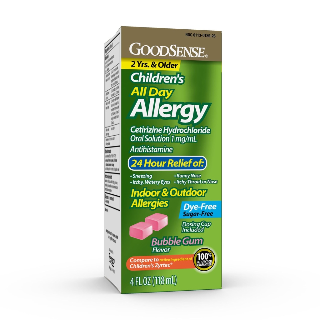 GoodSense Children's All Day Alergy Relief, Cetirizine Hydrochloride Oral Solution 1 mg/mL, Bubble Gum Flavor, Dye Free, Sugar Free, 4 Fluid Ounce