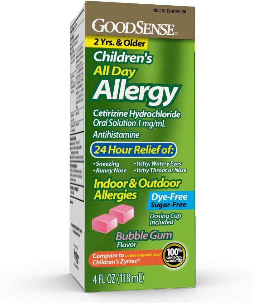 GoodSense Children's All Day Alergy Relief, Cetirizine Hydrochloride Oral Solution 1 mg/mL, Bubble Gum Flavor, Dye Free, Sugar Free, 4 Fluid Ounce