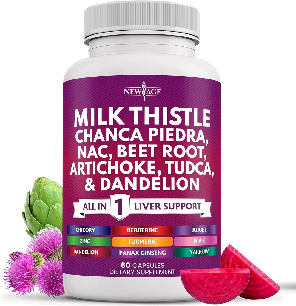NEW AGE Milk Thistle NAC Chanca Piedra Beet Root Artichoke Dandelion Root Astragalus - Συν TUDCA & Ginger - 60 Count