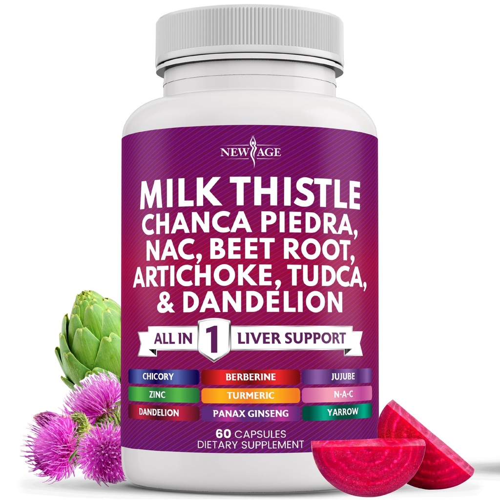 NEW AGE Milk Thistle NAC Chanca Piedra Beet Root Artichoke Dandelion Root Astragalus - Συν TUDCA & Ginger - 60 Count
