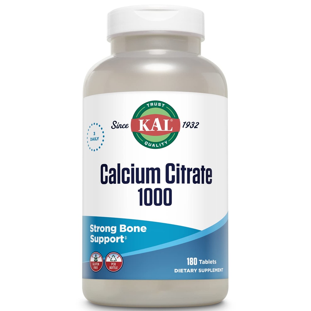 KAL Ασβέστιο Κιτρικό 1000mg, Συμπληρώματα ασβεστίου για γυναίκες και άνδρες, Υγεία των οστών, Δόντια, Νευρικό, Μυϊκό & Καρδιαγγειακό Σύστημα Υποστήριξη, Χωρίς γλουτένη και Εργαστήριο Επαληθευμένο, 60 Σερβιέτες, 180 δισκία