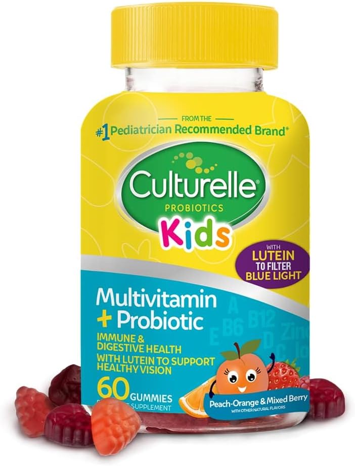 Culturelle Kids Multivitamin + Probiotic for Kids (Ages 2+) - 60 Count, Peach-Orange & Mixed Berry Flavor - Digestive Health & Immune Support Gummies with Lutein to support Eye Health