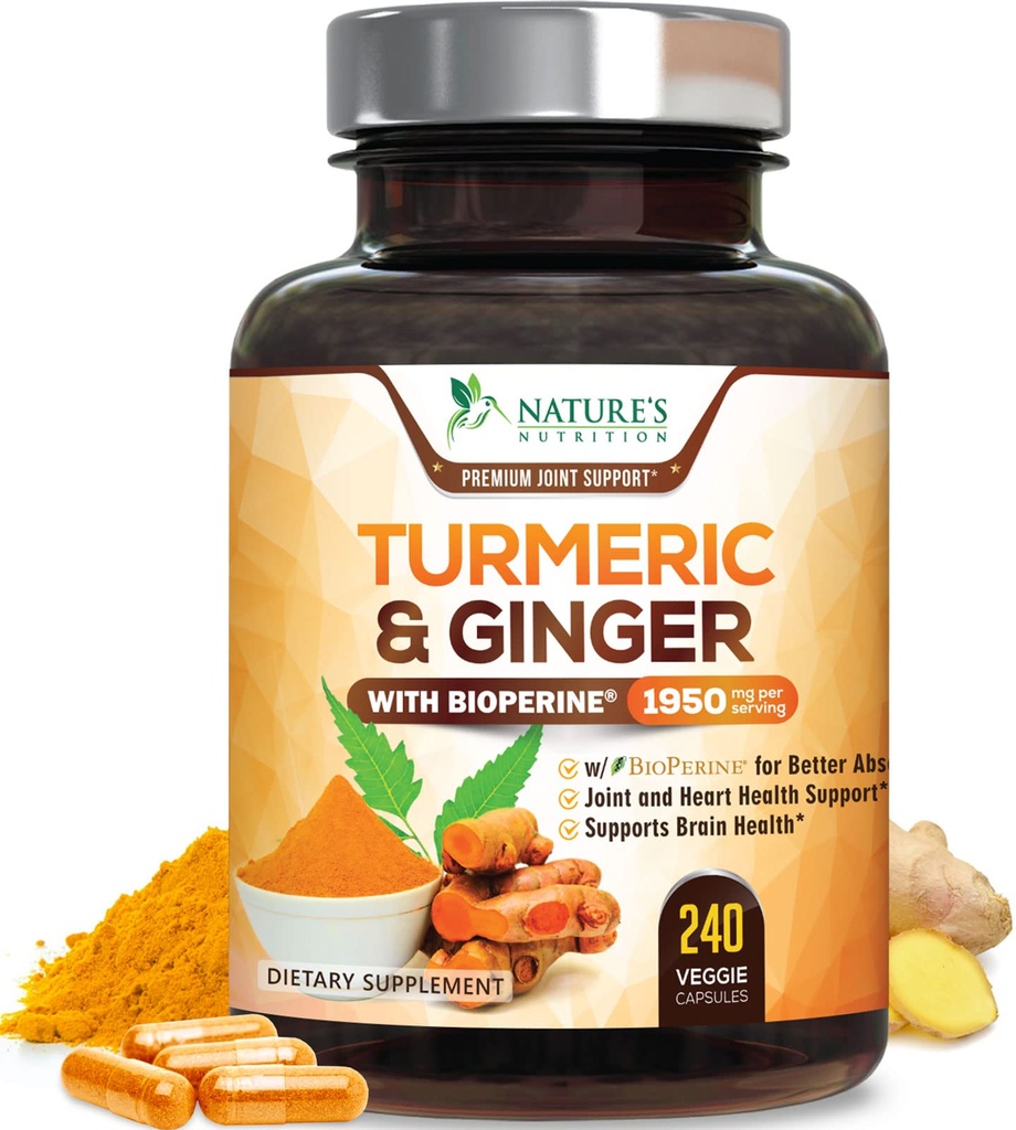 Turmeric Curcumin Supplement 1950mg - 95% Κουρκουμινοειδή με οργανική κουρκουμά & Ginger, BioPerine Μαύρο Πιπέρι για την Καλύτερη Απορρόφηση, Vegan Κοινή Υποστήριξη της Φύσης, Μη-ΓΤΟ, Εμφιαλωμένο στις ΗΠΑ - 240 Κάψουλες