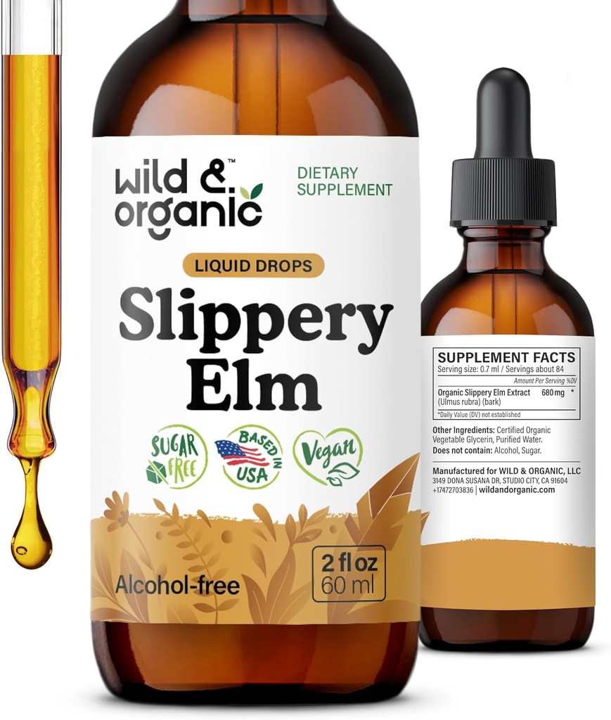 Wild & Organic Slippery Elm Drops - Lung, Digestive & Γυναικεία Υποστήριξη - Slippery Elm Bark Tincture - Liquid Ulmus Rubra Extract Supplement - Vegan, Sugar & Alcohol-Free - 2 fl oz
