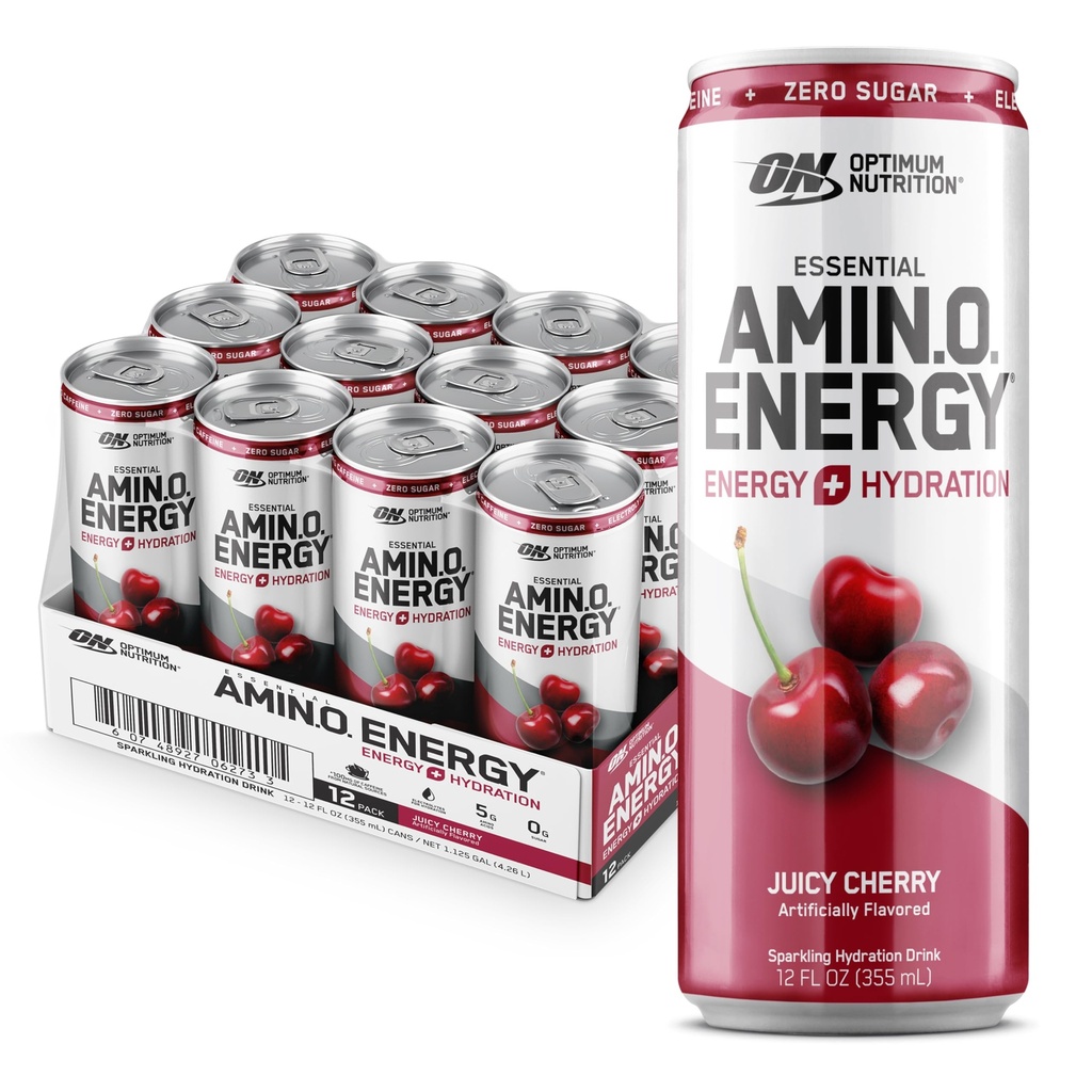 Optimum Nutrition Amino Energy Αφρώδης Ενυδάτωση Ποτό, Ηλεκτρόλυτες, Καφεΐνη, Αμινοξέα, BCAAs, Ζάχαρη Δωρεάν, Juicy Cherry, 12 Fl Oz, 12 Pack (Packing May Vary)