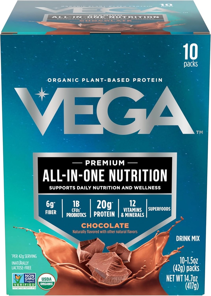 Vega Organic All-in-One Vegan Protein Powder, Σοκολάτα - Superfood Συστατικά, Βιταμίνες για την υποστήριξη της ανοσίας, Keto Friendly, Pea Protein for Women & Men, 14,7 oz (Packaging May Vary)