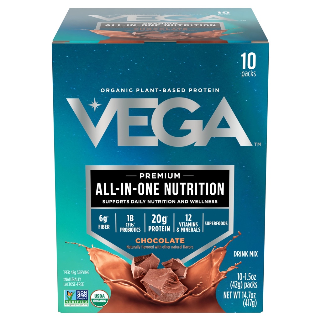 Vega Organic All-in-One Vegan Protein Powder, Chocolate - Superfood Ingredients, Vitamins for Immunity Support, Keto Friendly, Pea Protein for Women & Men, 14.7 oz (Packaging May Vary)