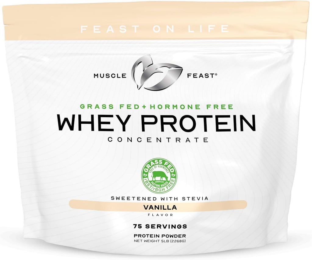 Μύες Feast Grass-Fed Whey πρωτεΐνη συμπυκνωμένο σκόνη, όλα τα φυσικά, χωρίς ορμονική πάστα Αυξημένη πρωτεΐνη Whey σκόνη για γυναίκες & άνδρες, καθαρό, μη-GMO & χωρίς γλουτένη συμπυκνωμένο Whey - Βανίλια, 5lb