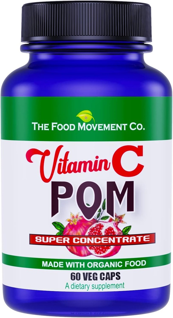 The Food Movement Vitamin C Pom - Pomegranate superfood συμπυκνωμένο σε συνδυασμό με 100% Φυτική βάση Βιταμίνη C από Βιολογικό Acerola Cherry και Camu Camu- Vegan - Χωρίς γλουτένη - 60 κάψουλες