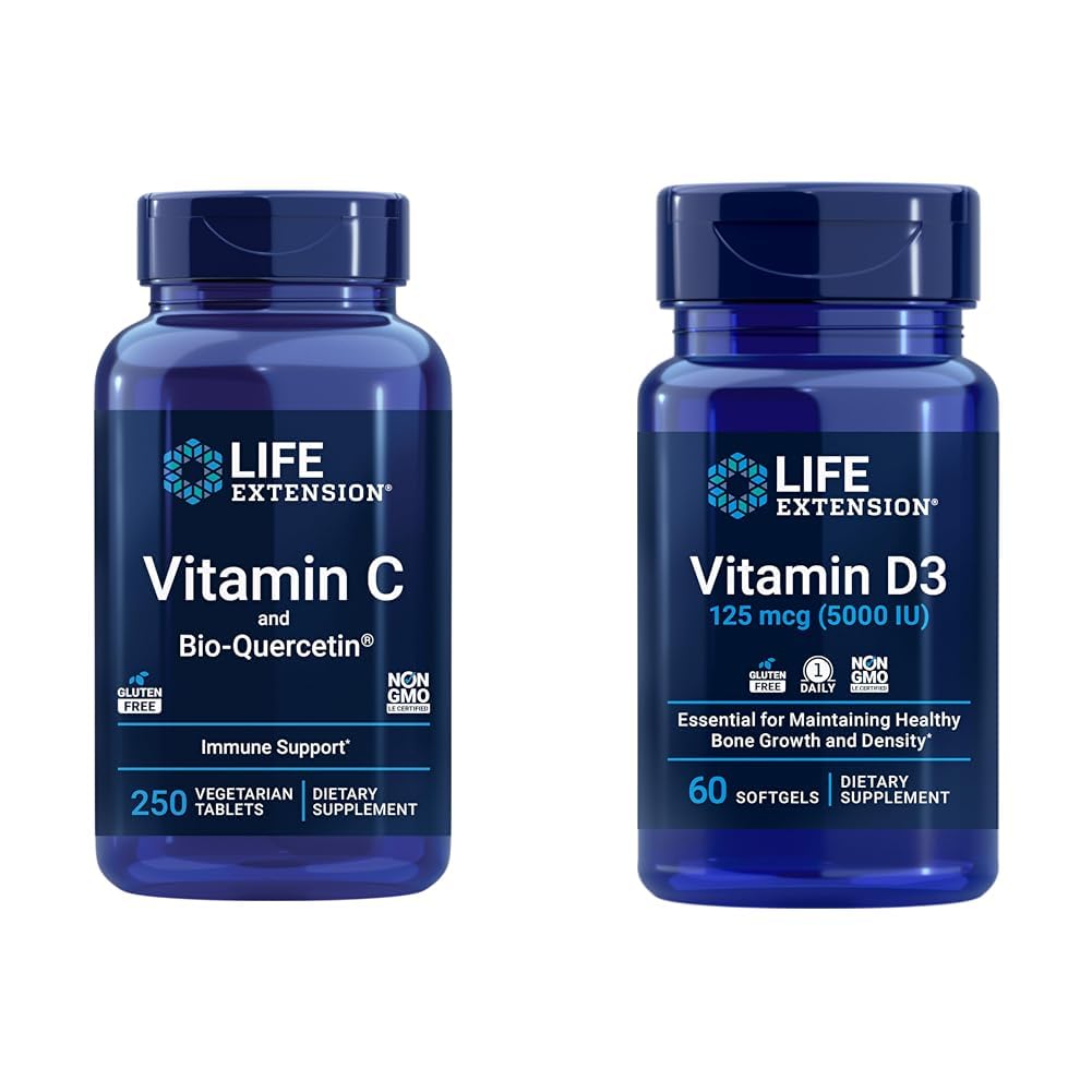 Επέκταση ζωής Βιταμίνη C & Quercetin Plus Βιταμίνη D3 5000 IU - 250 δισκία Βιταμίνη C Ανοσολογική υποστήριξη Plus 60 Βιταμίνη D3 Softgels για την υγεία των οστών, του εγκεφάλου και του ανοσοποιητικού