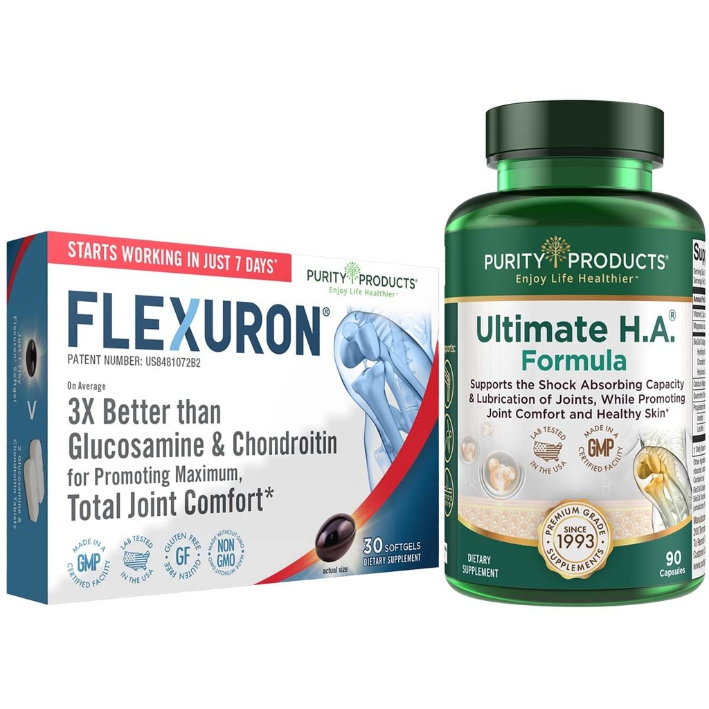 Προϊόντα καθαρότητας Flexuron Joint Formula + Ultimate HA Flexuron (Κριλλέλαιο, χαμηλό μοριακό βάρος Υαλουρονικό οξύ, Ασταξανθίνη) - Ultimate H.A. (BioCell Collagen, Quercetin, Υαλουρονικό οξύ + More)