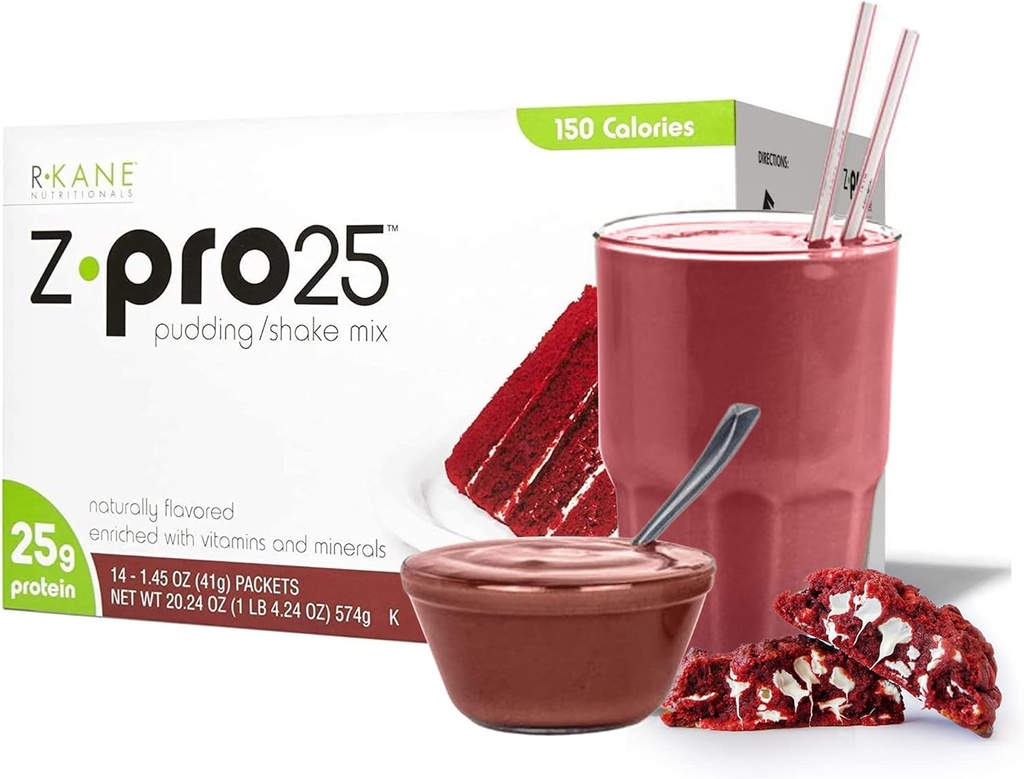 R-Kane Nutritionals Z-Pro Red Velvet Protein Drink Mix - High Protein, Low Calorie Low Fat Shake and Pudding Mix - Meal Replacement, On-The-Go Packets - Breakfast Boost - 25g Protein - 14 Packets