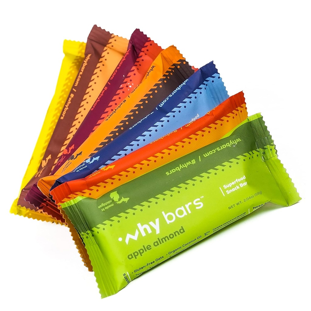 Why Bars, Protein Bars, Variety Pack, 2.04 Ounce Bars (Pack of 7 Protein Bars) - Protein Bar Superfood, Χωρίς γλουτένη, μη ΓΤΟ, Βιολογικό, Vegan, Απλό συστατικά