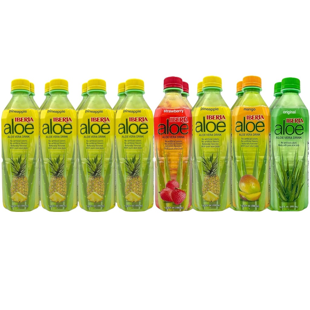 Iberia Aloe Vera Drink with Pure Aloe Pulp (Pack of 16) 10 x Pineapple, 2 x Original, 2 x Strawberry, 2 x Mango