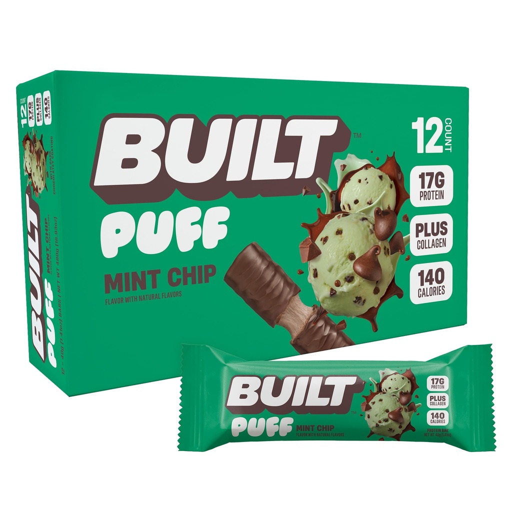 Χτισμένο Bar, Puff Protein Bars, Mint Chip Puff, 17g Protein Snacks, On-The-Go Bars, Μόνο 140 θερμίδες, 6g ζάχαρη, κολλαγόνο, χωρίς γλουτένη, 12 κόμης