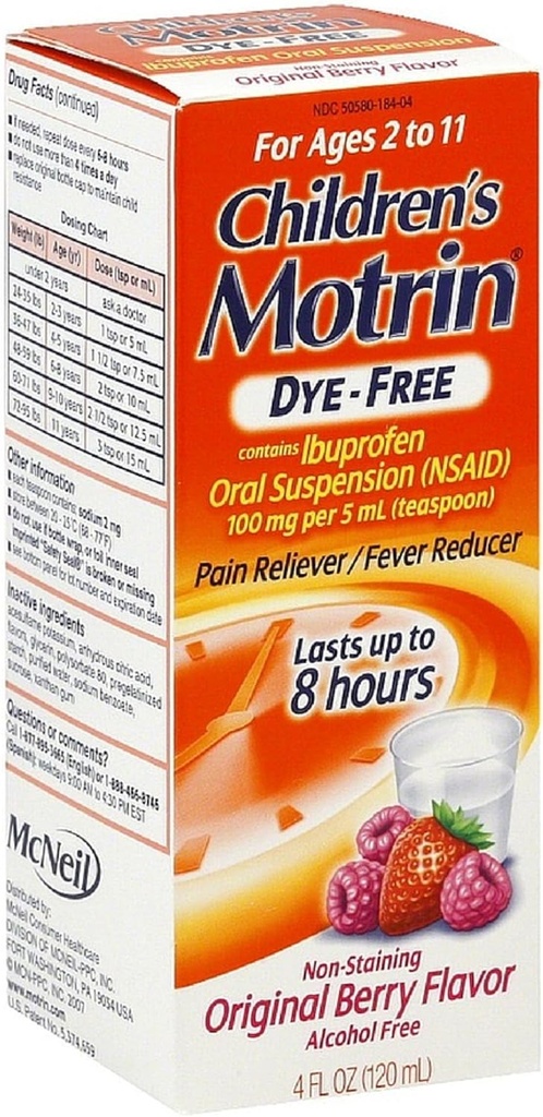Motrin Παιδική Βαφή-ελεύθερος πόνος Reliever / Μειωτής πυρετό, αρχικός Berry Flavor 4 oz (10 Pack)