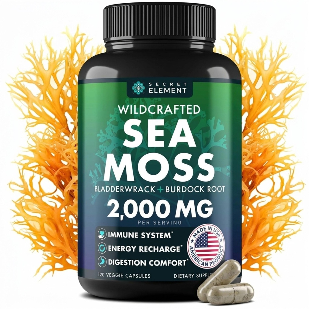 Sea Moss Capsules with Burdock Root, Bladderwrack & Muira Puama – Plant-Based Sea Moss Supplement with Raw Powder – 120 Capsules