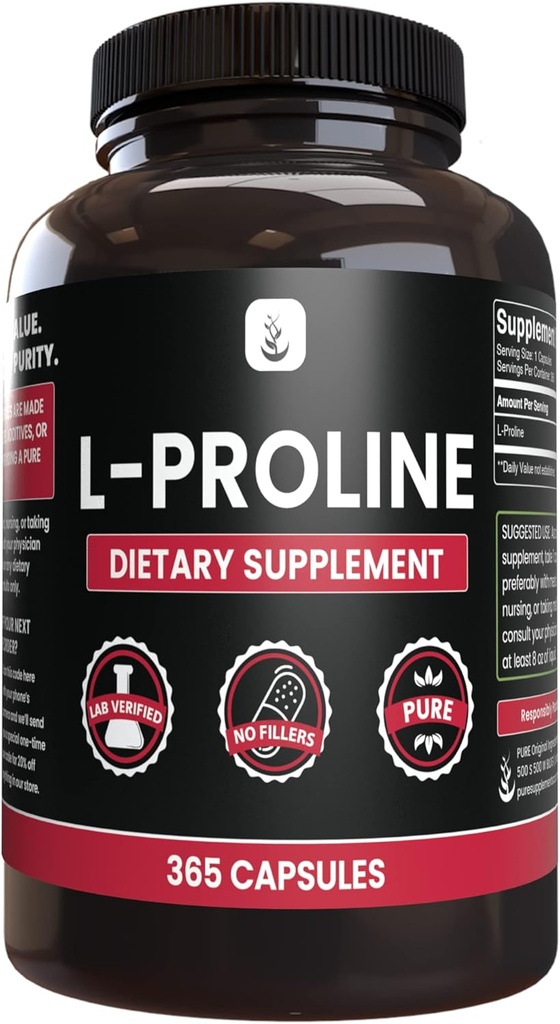 ΑΝΩΤΑΤΑ ΑΡΧΙΚΑ ΣΥΣΤΑΤΙΚΑ L-Proline (365 Κάψουλες) Όχι Μαγνήσιο ή Ρύζι Fillers, Πάντα καθαρό, Εργαστήριο Επαληθευμένο