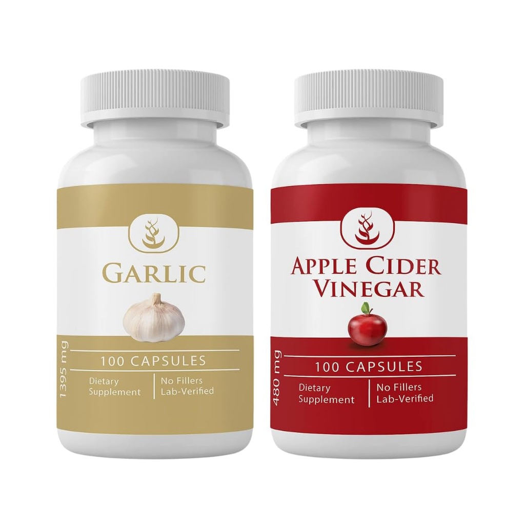 PURE ORIGINAL INGREDIENTS Garlic & Apple Cider Vinegar Capsule Bundle (100 Capsules Each), No Additives or Fillers, Lab Verified