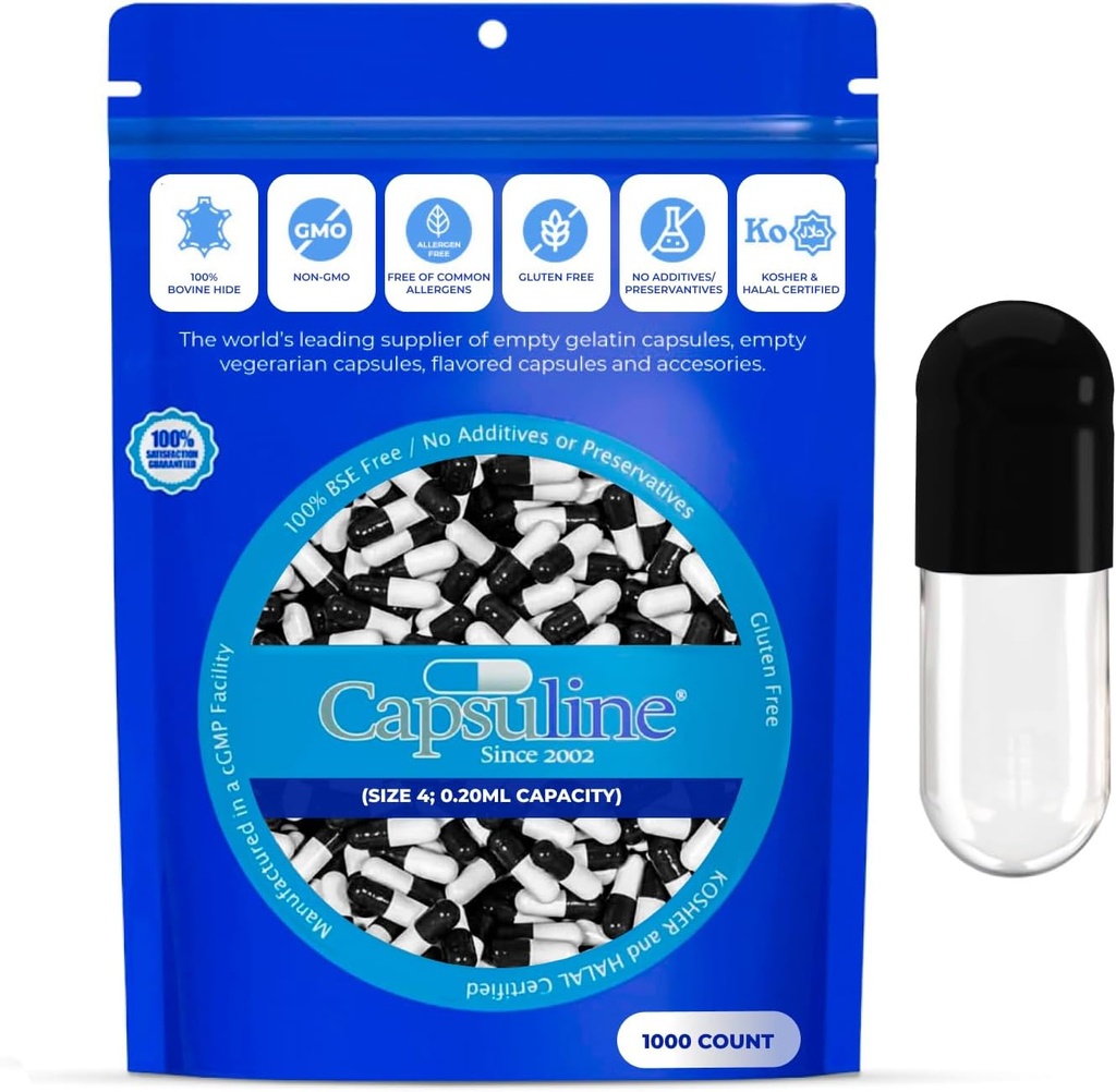Capsuline Μέγεθος 4 Κενές κάψουλες Ζελατίνης, Μαύρο / Καθαρό - 1000 Count 