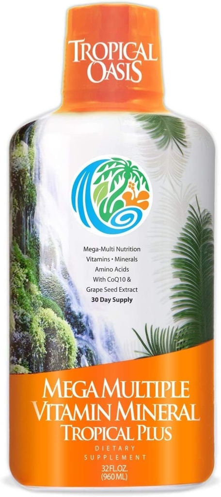 Tropical Oasis Mega Plus - Liquid Multivitamin and Mineral Supplement – Περιλαμβάνει 85 Βιταμίνες & Ορυκτά, 20 Αμινοξέα + CoQ10, εκχύλισμα σπόρων σταφυλιών & Βιολογική Αλόη Βέρα - 32oz, 32 Μερίδες, 33460