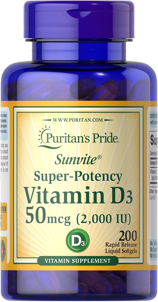 Βιταμίνη D3 50mcg (2,000 IU) Bolsters Ανοσοποιητική Υγεία από το Puritan's Pride for support of Immune Health and Healthy Bones and Teeth 200 Softgels