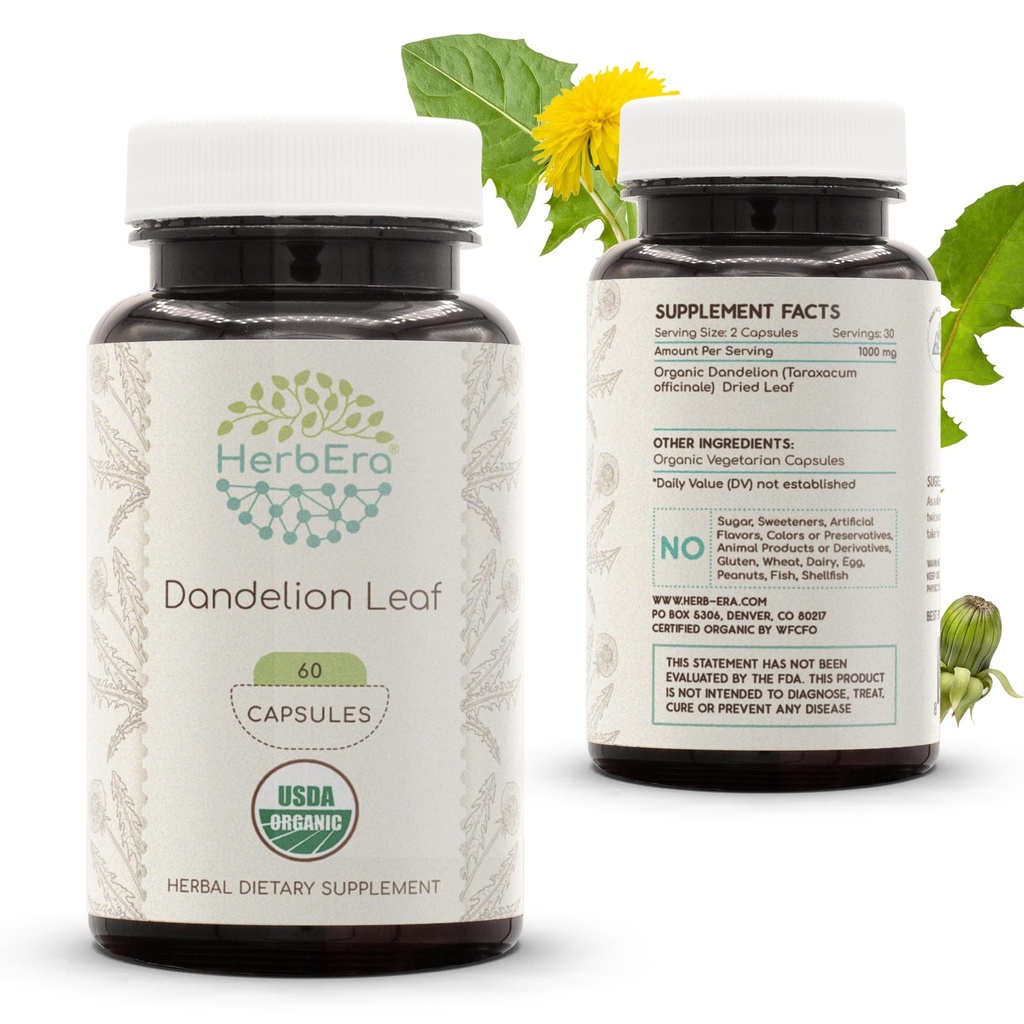 HerbEra USDA Organic Dandelion Leaf Capsules – Digestive & Antioxidant Support, Taraxacum Officinale Dried Leaf, Detox Capsules, Vegan, Herbal Supplement (60 Capsules)