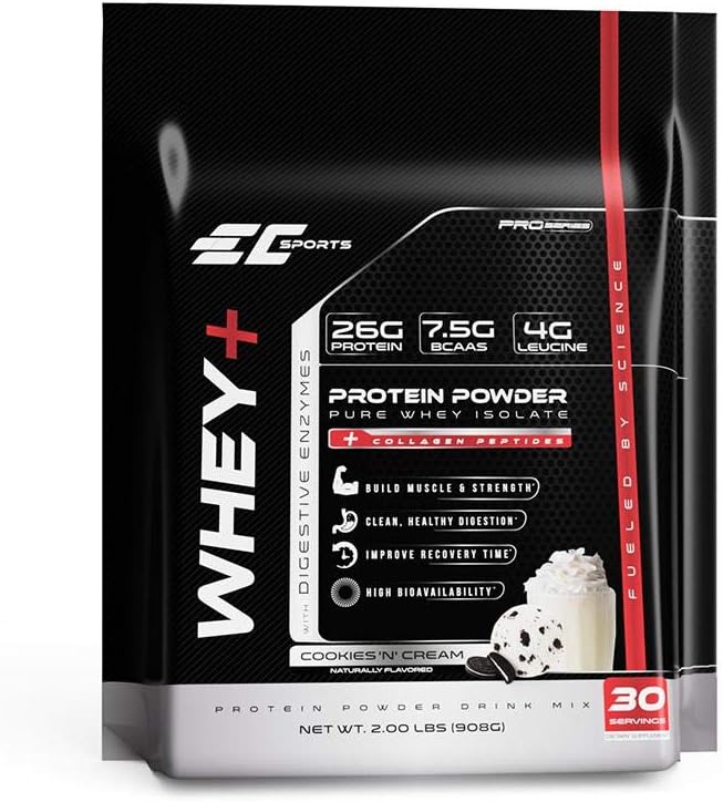 EC Sports Whey+ Protein Powder, Cookies n Cream Drink Mix w/Digestive Enzymes - Isolate Supplement, Collagen Peptides w/Faster Reform - 30 Servings