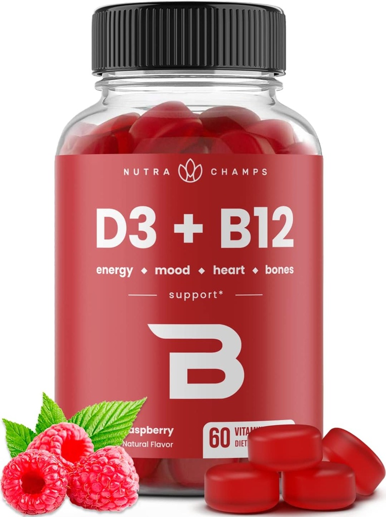 NutraChamps Vitamin D3 & B12, Methyl B12 Gummies for Adults & Kids, Enhanced with Vitamin D 3 & B9 Vitamin Folate, Natural Energy, Mood, Μεταβολισμός & Εστίαση, Βατόμουρο, 60 Gummies