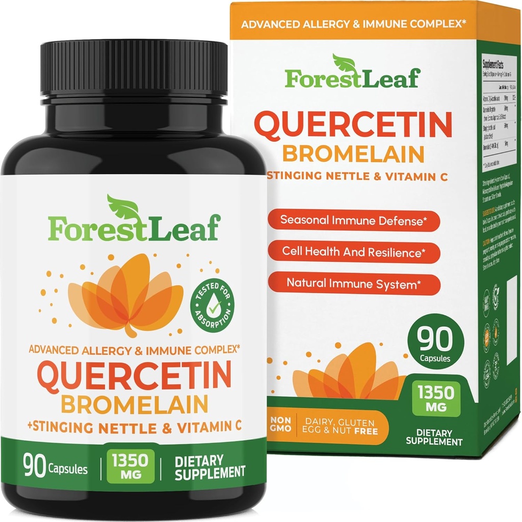 ForestLeaf Quercetin με Bromelain 1350mg - Μείγμα με βιταμίνη C & Stinging Nattle συμπλήρωμα, Quercetin 500mg κάψουλες, χωρίς γλουτένη GMO, φυσικό ανοσοποιητικό και αναπνευστική λειτουργία, 90 Veggie Caps