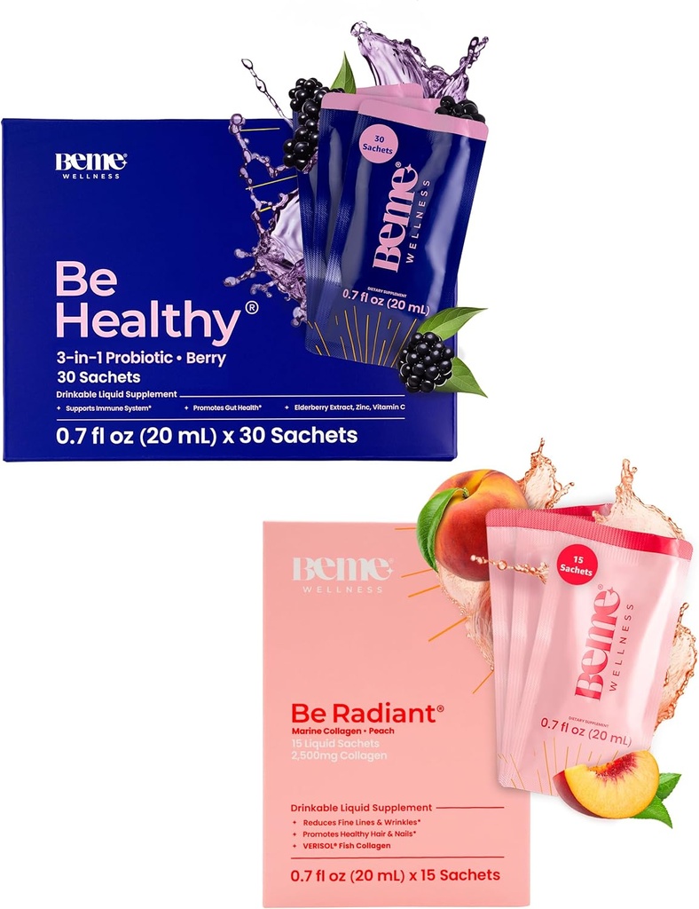 BeMe BeHealthy & BeRadiant Ροδάκινο Bundle - Υγρά Προβιοτικά & Υγρά Συμπληρώματα Ποτού Κολλαγόνου