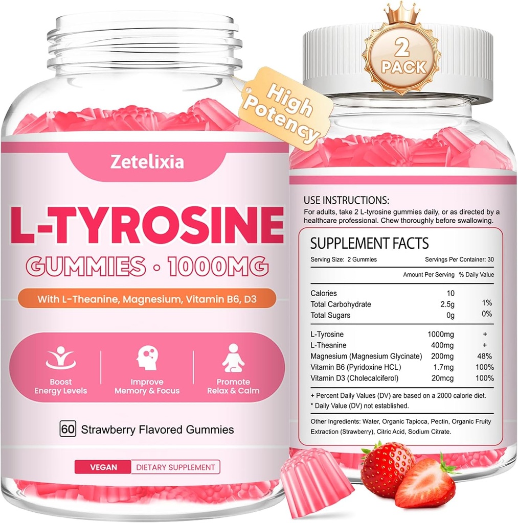 2 Πακέτο L Τυροζίνη Gummies, L-Τυροσίνη συμπλήρωμα Gummies, L-Θεανίνη Gummies με βιταμίνη Β6 D3, Focus Gummies Υποστήριξη Μνήμη, Ενέργεια, Mood για ενήλικες & παιδιά, Φράουλα Γεύση, 120 Count