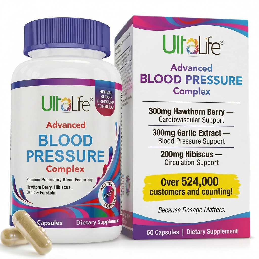 ULTALIFE Blood Pressure Supplement - Advanced Blood Pressure Supplement Complex - Hawthorn Berry, Hibiscus, Σκόρδο, Φορσκολίνη - 14 Βιταμίνες & Βότανα, 30 ημέρες προσφοράς σε κάψουλες Veggie